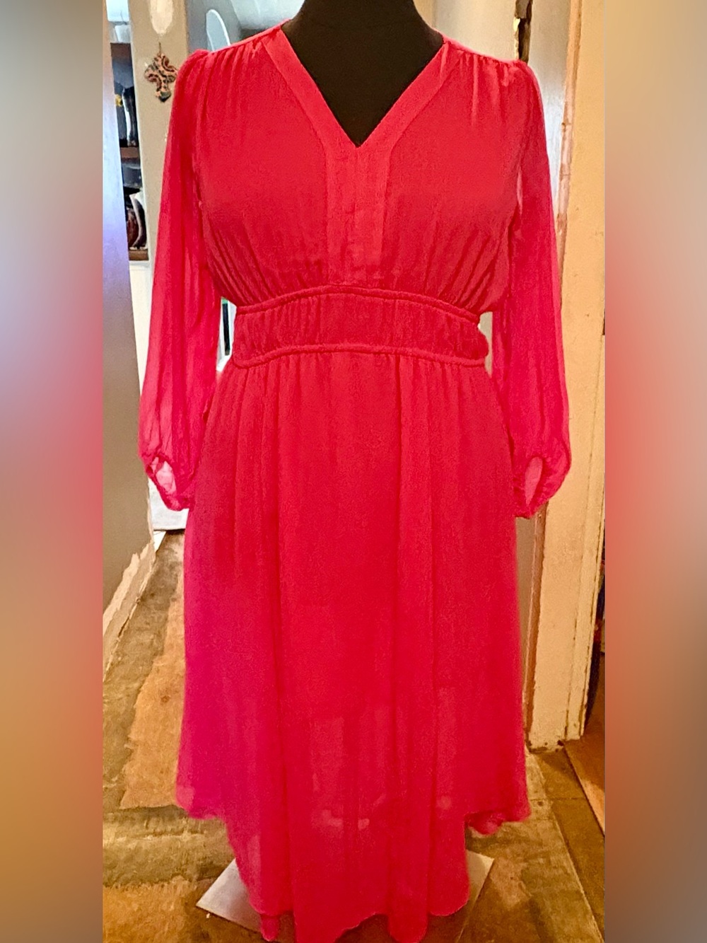Jessica Simpson Hot Pink Chiffon V-Neck Midi Dress Long Sleeve 1X Plus Size